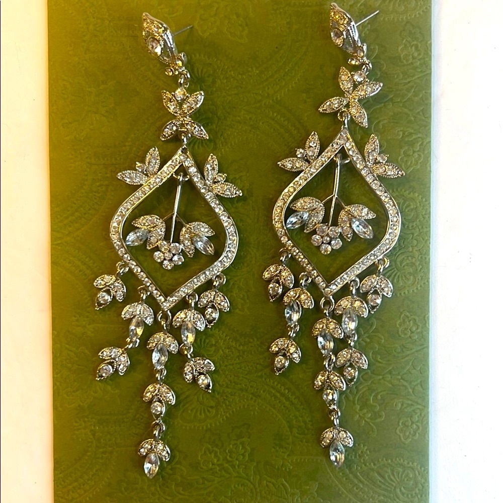 High Glam 5-Inch Silver Rhinestone Drop Earrings Sparkly Statement Jewelry NWOT